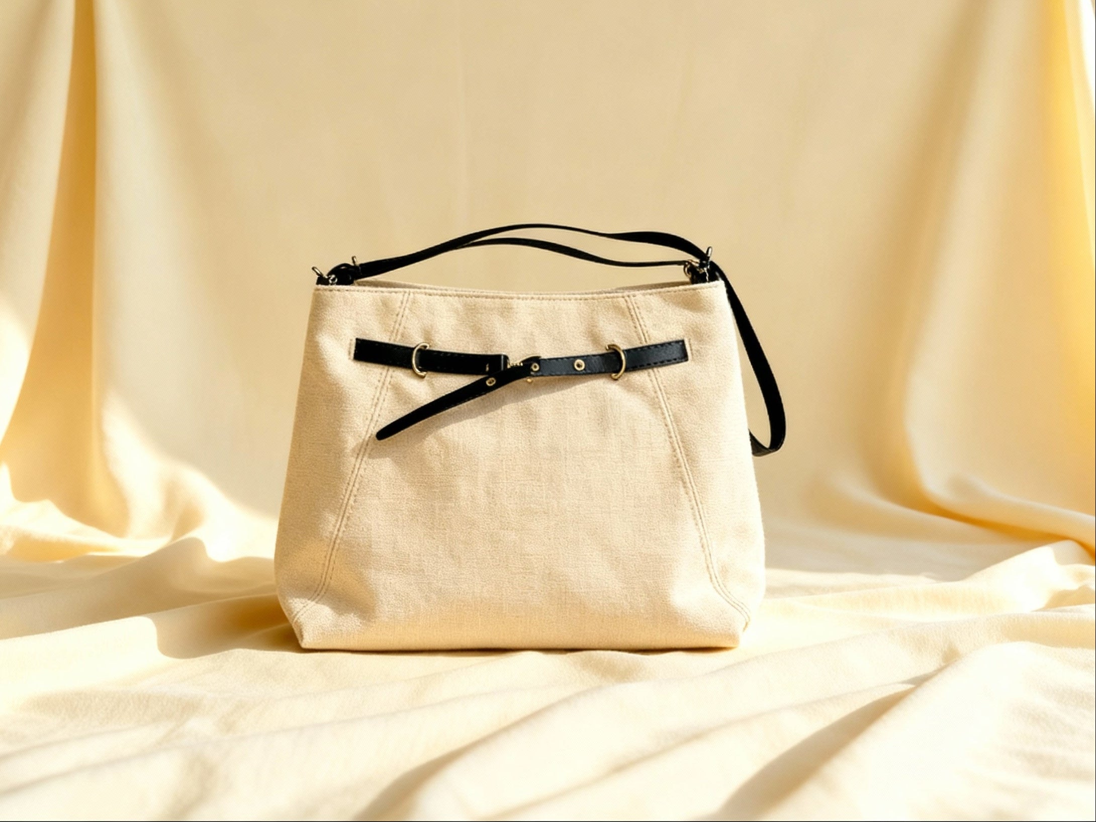 Beige cross bag with black straps on a beige fabric background