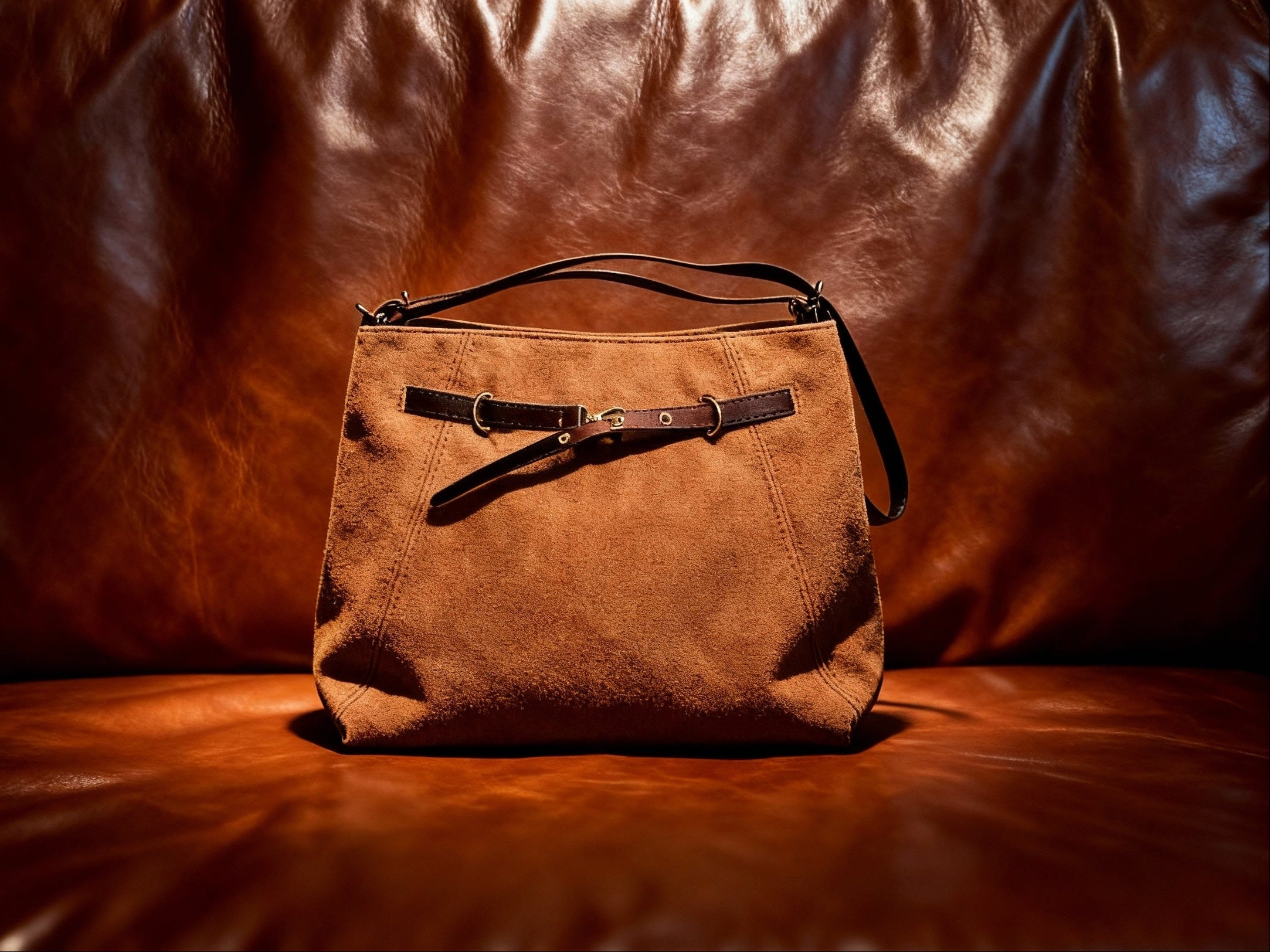 Brown bag on a brown leather surface