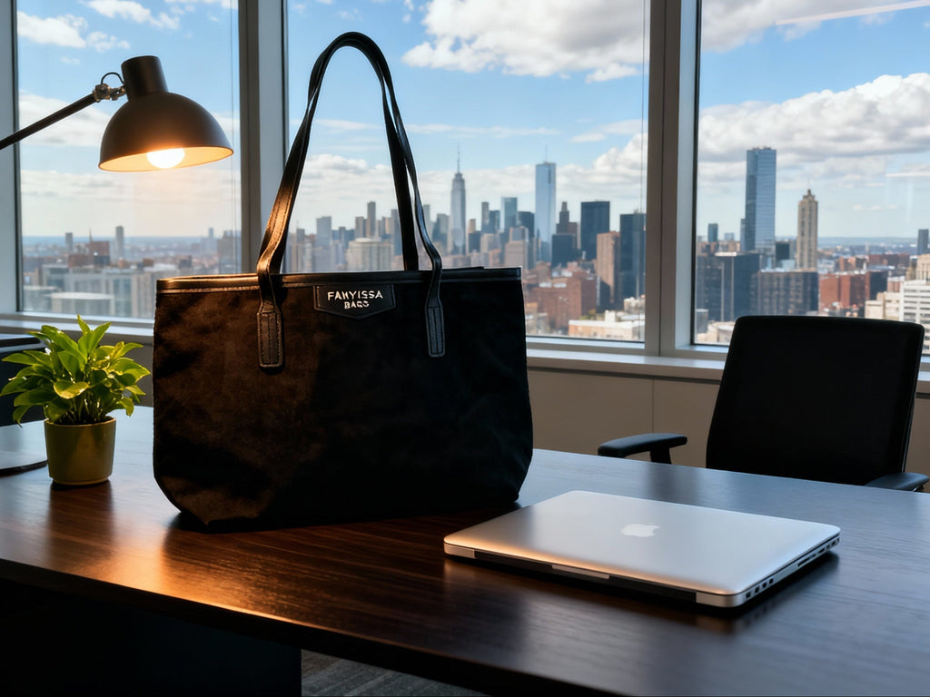 Black tote on a desk with a cityscape view through large windows