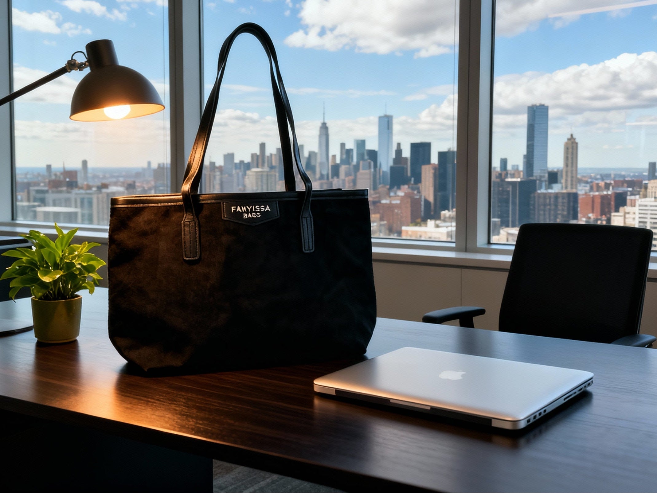 Black tote on a desk with a cityscape view through large windows