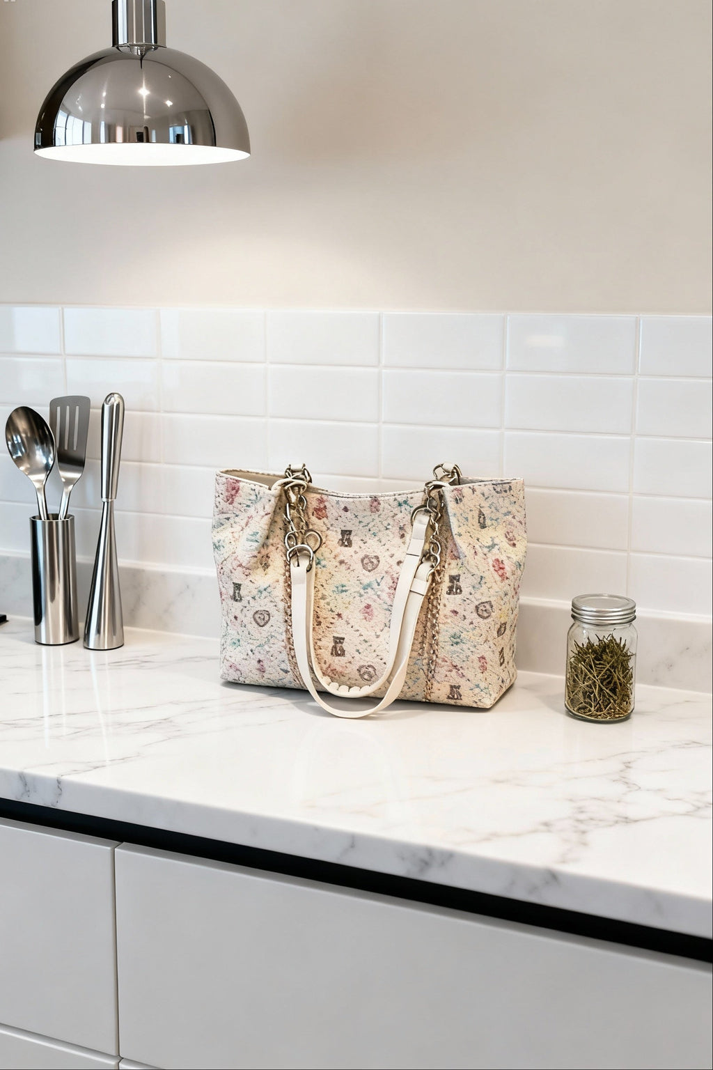 Floral-patterned tote on a kitchen counter with white tiles and utensils in the background.