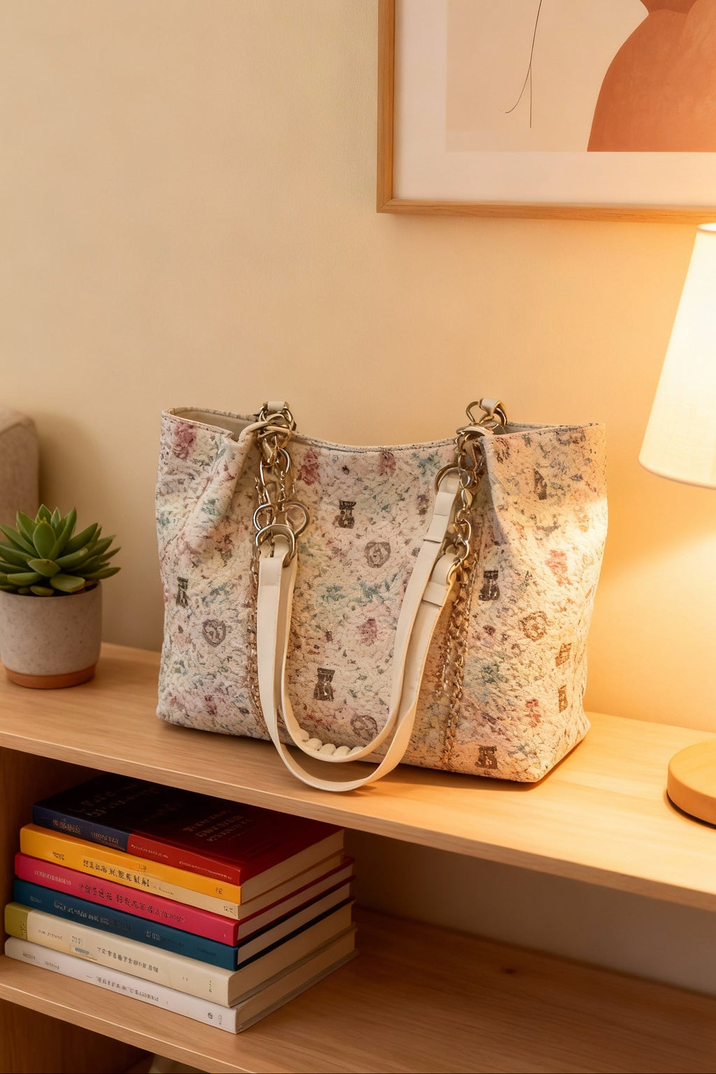 Floral-patterned tote on a wooden shelf with books and a plant