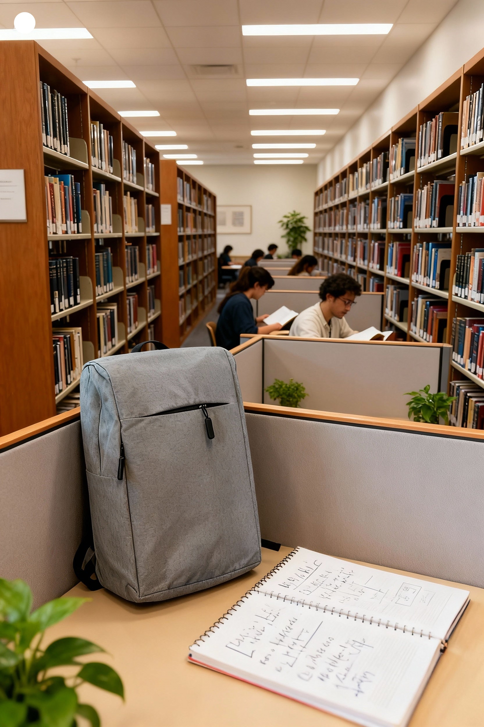Gray backpack on a desk in a library with people studying in the background