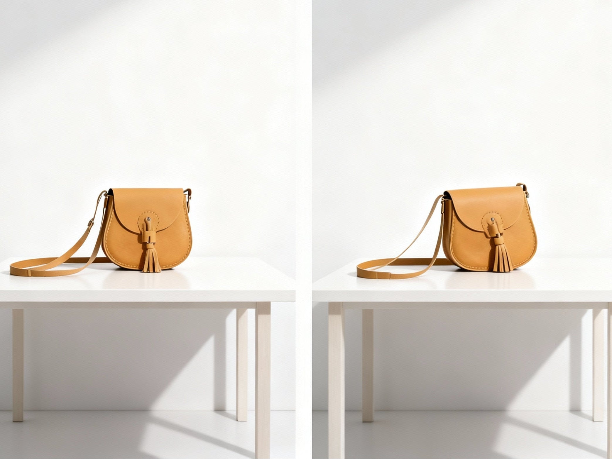 Two tan cross bags on white tables with a white background